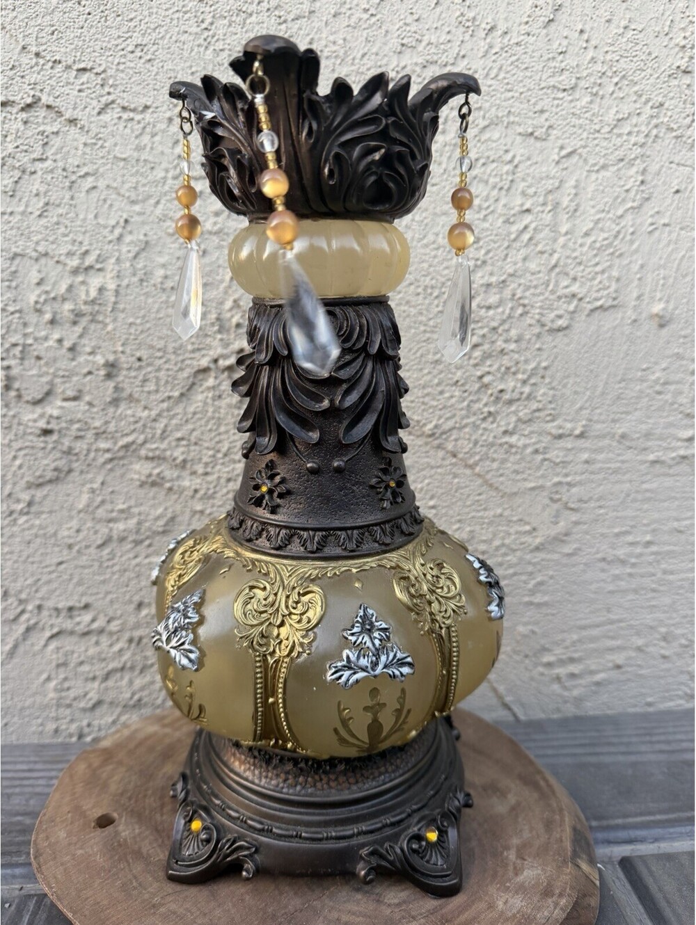 Victorian Style Ornate Gold Resin Candle Holder Hanging Crystal Prism Scrollwork